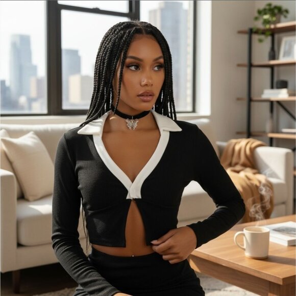 Crop Top – Horoscopez – Not That Innocent Ribbed Button Front Contrast Collar M - Picture 1 of 2
